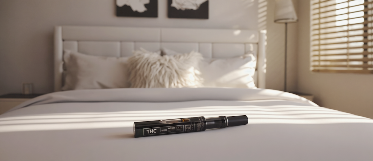 Gen4 a scene of a thc vape laying on white pillow and blanket well lit bedroom a-2, 1334517144