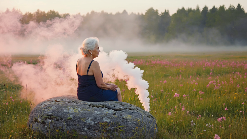 “Woman over 40 relaxing with tea in Atlanta, embracing peace and calm with holistic wellness and cannabis support from Oil & Eve.”