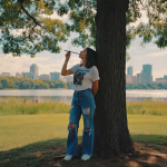 Adults relaxing on an Atlanta rooftop at sunset, enjoying cannabis products with Midtown skyline in background
